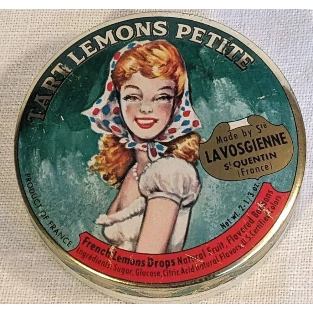 French Tart Advertising Tin Lemons La Vosgienne Petite Drops France Trinket Vtg